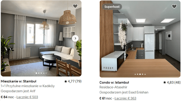 Nieruchomości w Turcji - wynajem krótkoterminowy
Wynajem mieszkania na tydzień (źródło: airbnb.pl):
po lewej - sezon wysoki, po prawej - sezon niski