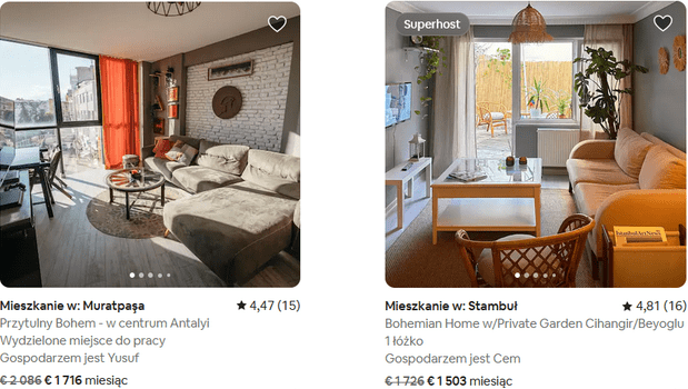 Nieruchomości w Turcji - wynajem długoterminowy
Wynajem mieszkania na miesiąc (źródło: airbnb.pl):
po lewej - sezon wysoki, po prawej - sezon niski