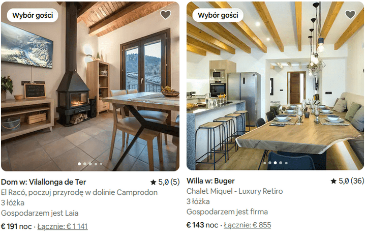 Nieruchomości w Hiszpanii - wynajem krótkoterminowy
Wynajem domu na tydzień (źródło: airbnb.pl)
po lewej - sezon wysoki, po prawej - sezon niski